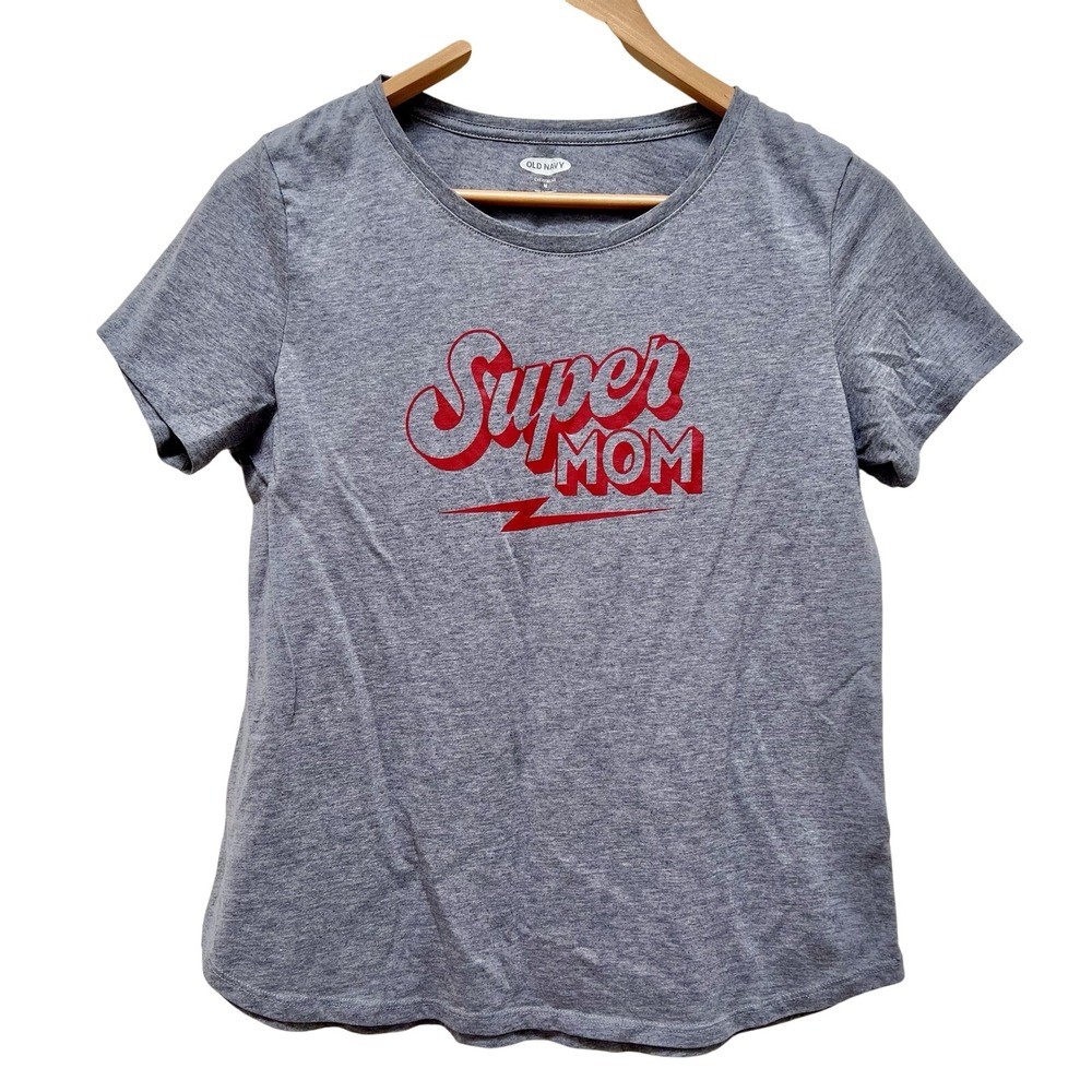 Old Navy Super Mom Graphic Tee Gray Short Sleeve Everyday Tee Basic Cotton